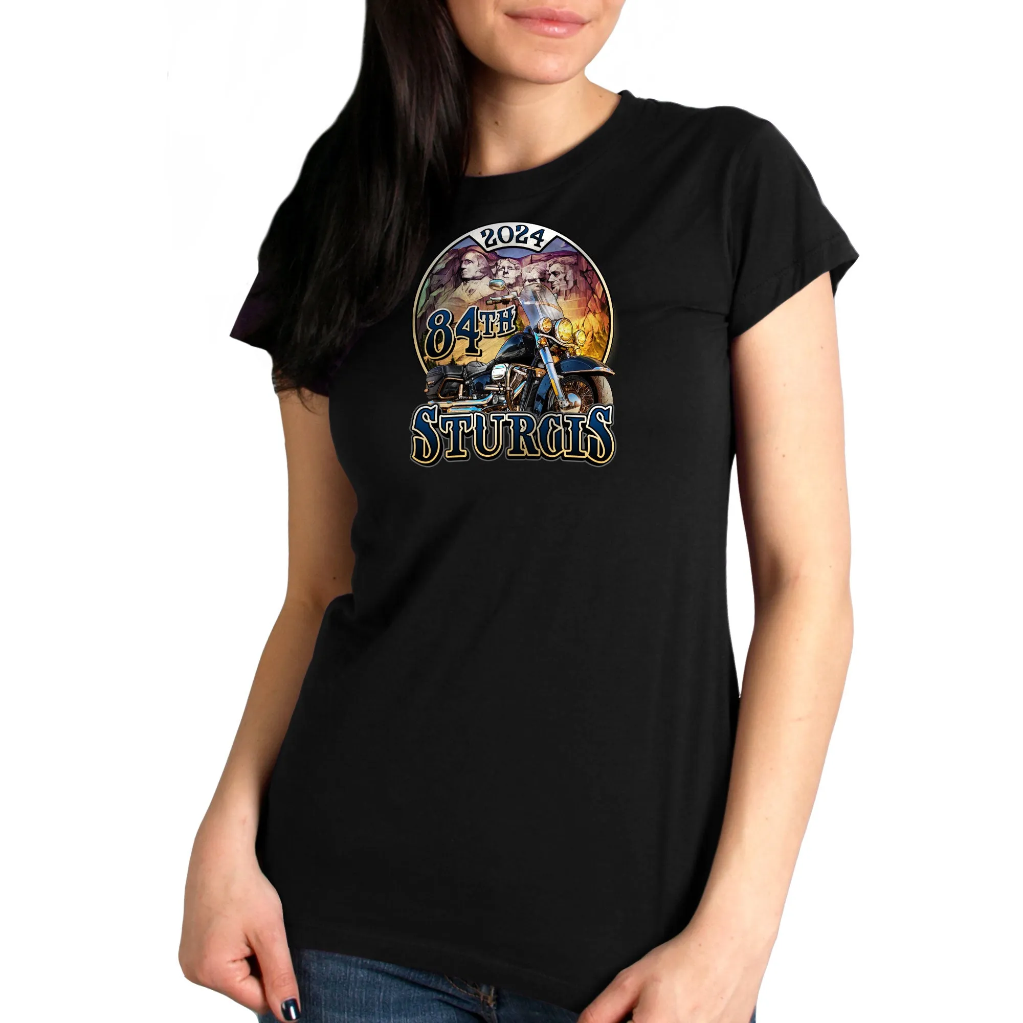 2024 Sturgis Motorcycle Rally Rushmore Ladies Black Tee Shirt SPL1882