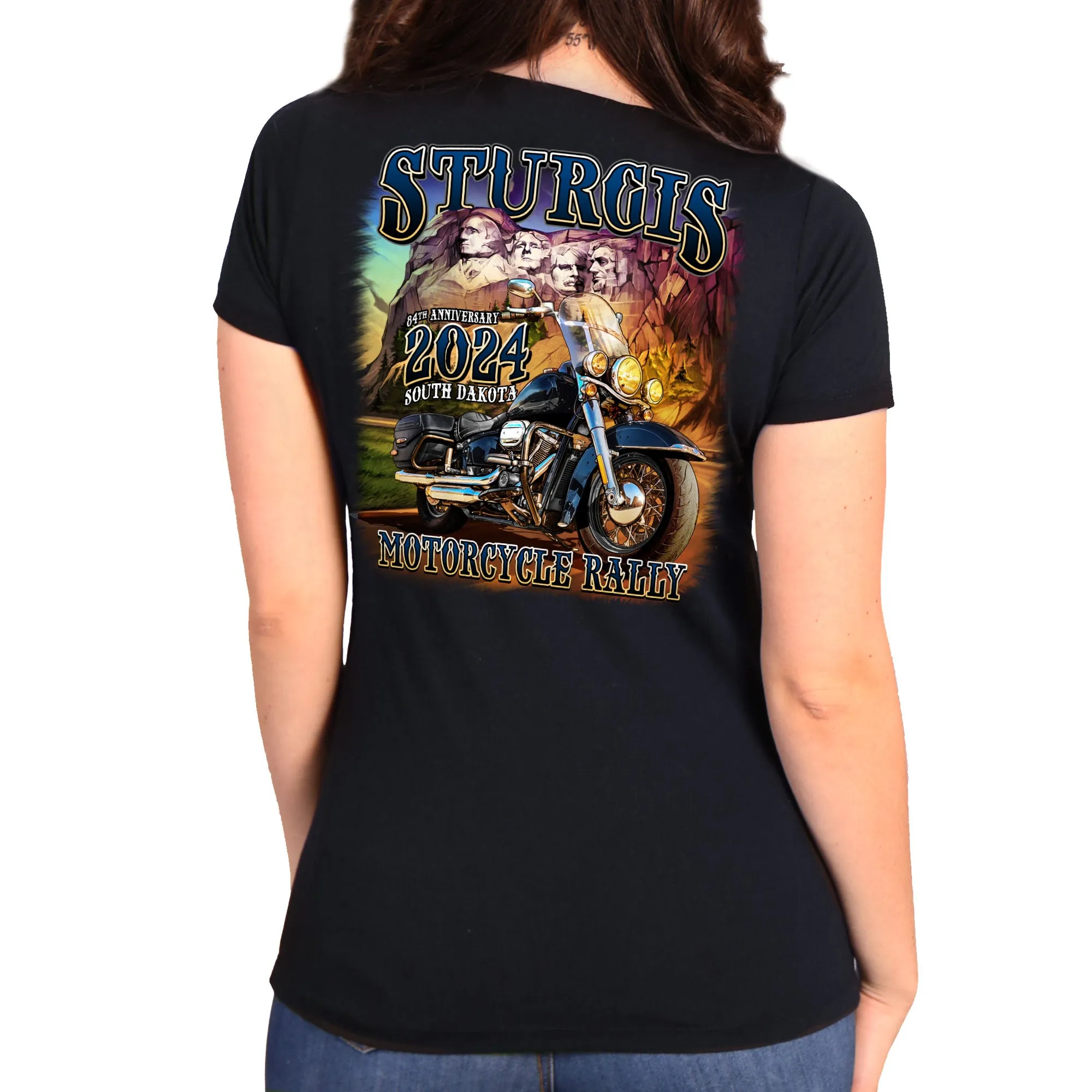 2024 Sturgis Motorcycle Rally Rushmore Ladies Black Tee Shirt SPL1882