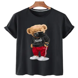 Amy Fashion - Cotton Sports Mask Bear Print Short-sleeved T-shirt