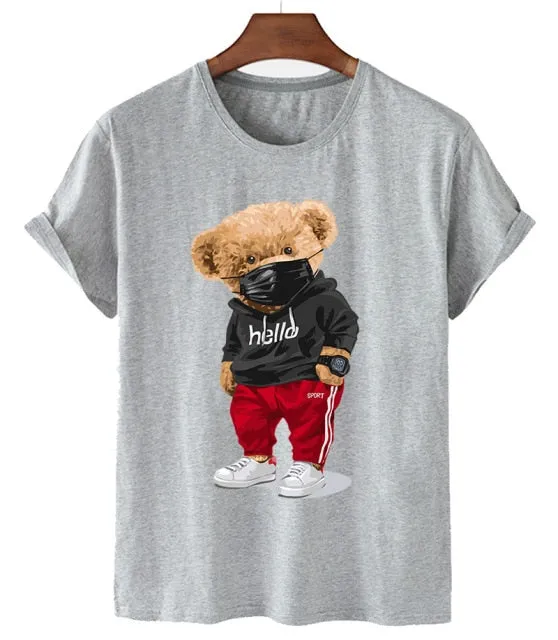 Amy Fashion - Cotton Sports Mask Bear Print Short-sleeved T-shirt