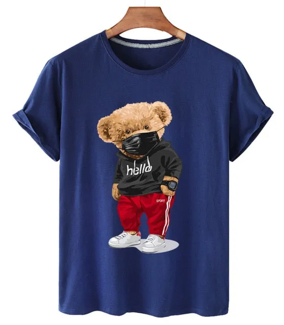 Amy Fashion - Cotton Sports Mask Bear Print Short-sleeved T-shirt