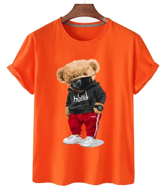 Amy Fashion - Cotton Sports Mask Bear Print Short-sleeved T-shirt