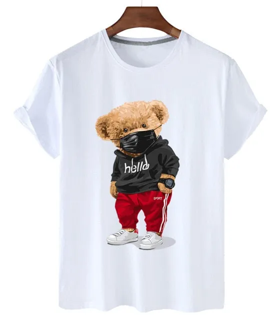 Amy Fashion - Cotton Sports Mask Bear Print Short-sleeved T-shirt