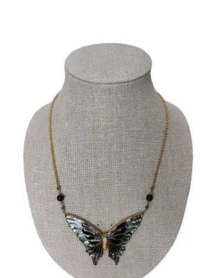 Artisan crafted butterfly necklace with gold foil,black enamel, Abalone, opal