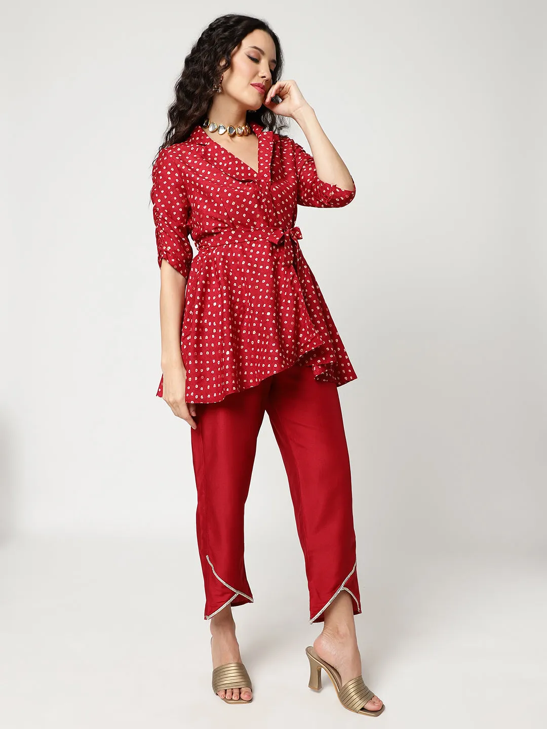 Bandhani Foil Printed Collared Top With Stylish Petal Hemline Pants Set Having Lace Details