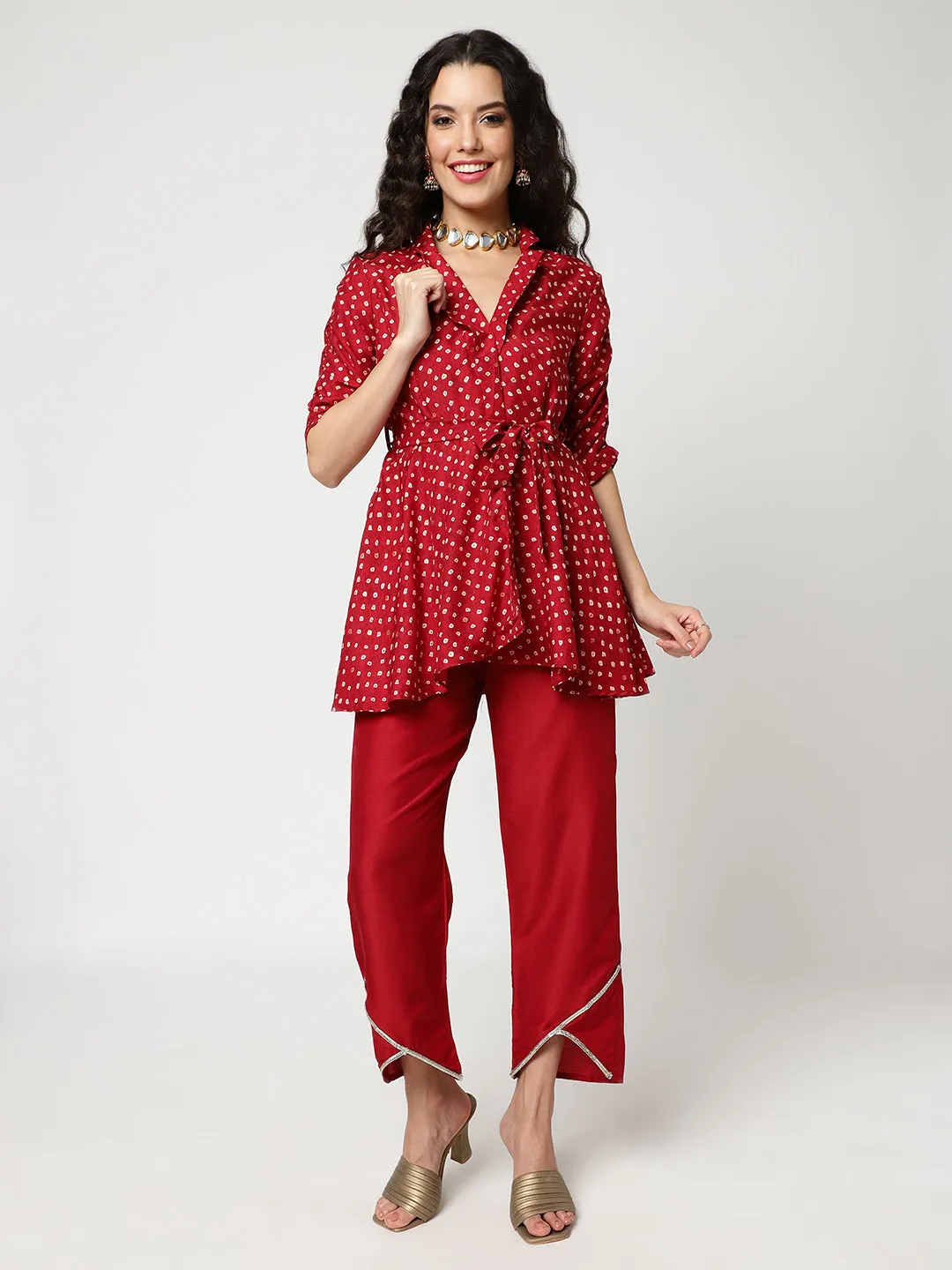 Bandhani Foil Printed Collared Top With Stylish Petal Hemline Pants Set Having Lace Details