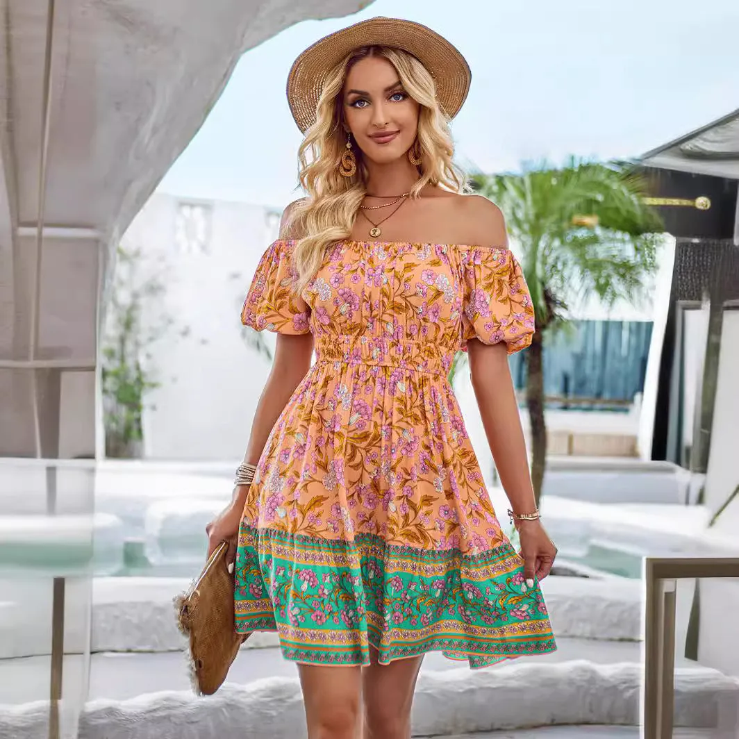 Bohemian Beach Off-Shoulder Printed Dress Wholesale Womens Clothing N3824041600056