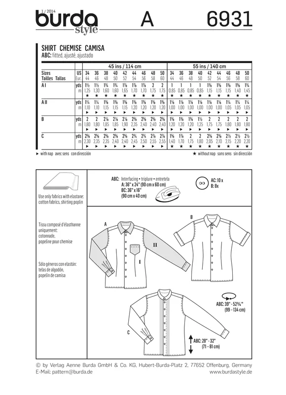 Burda 6931 Men's Shirts Sewing Pattern