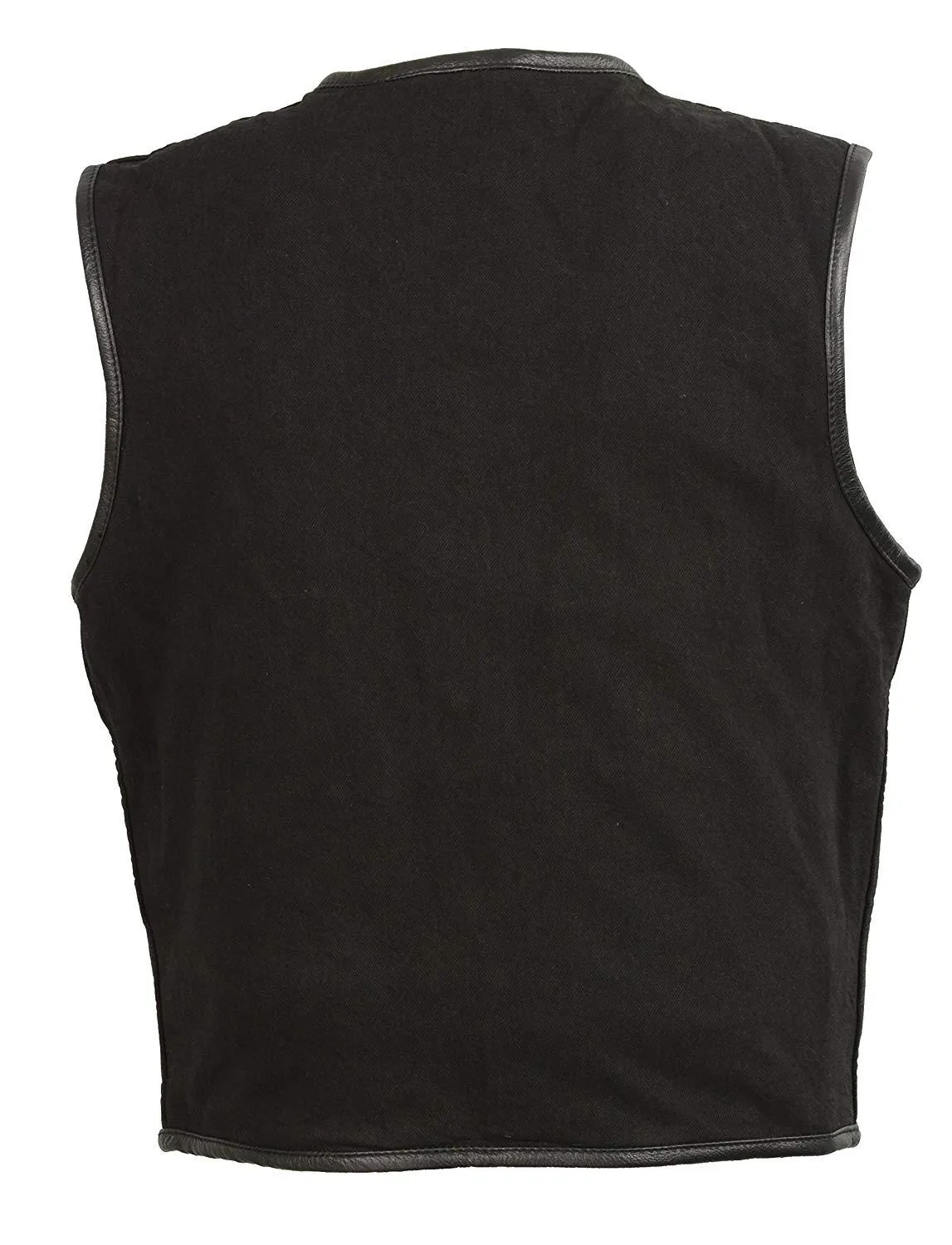 Club Vest CVM3038 Men's Black Denim Collarless Motorcycle Club Style Vest with Leather Trim