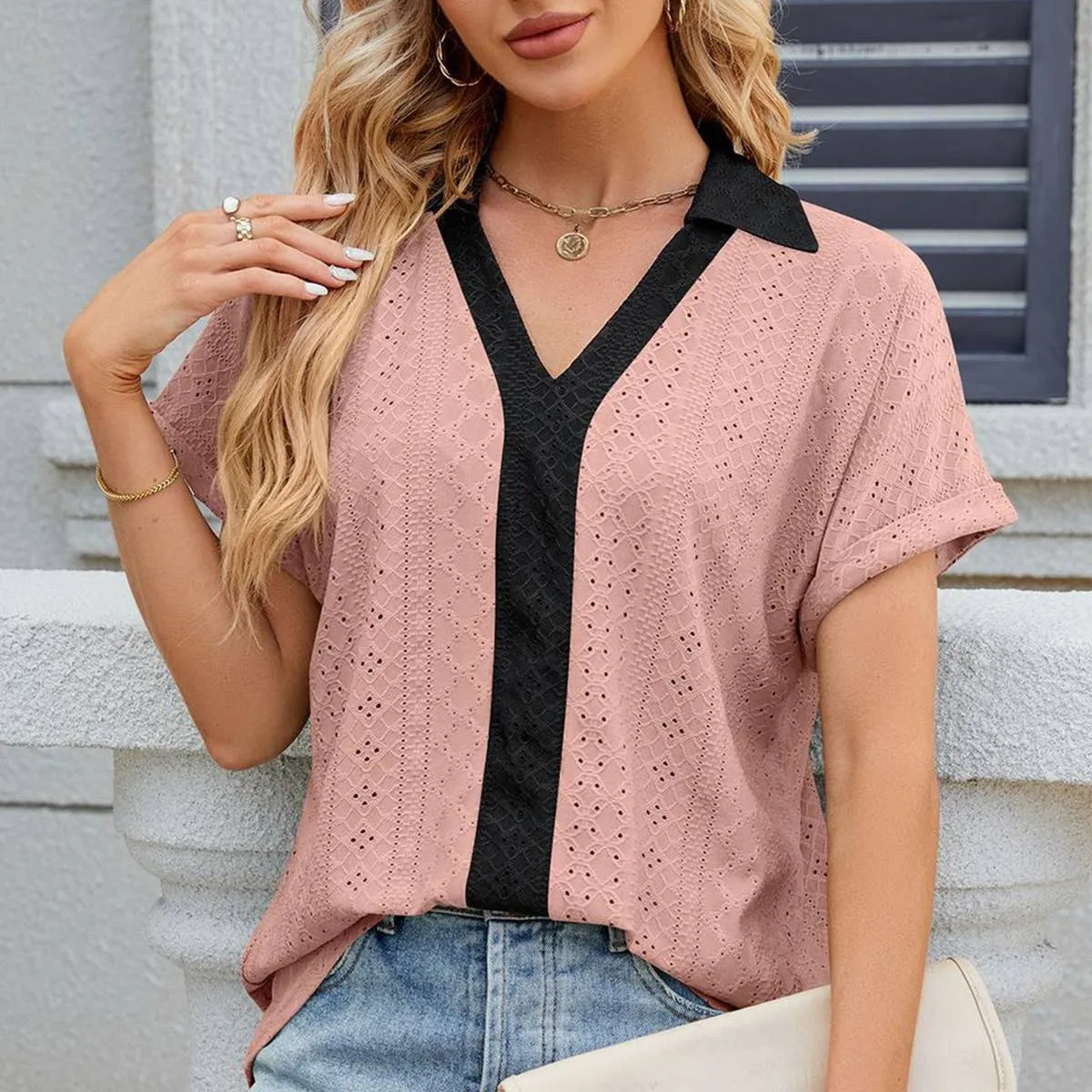 COLLARED SHORT SLEEVE CASUAL T-SHIRT BLOUSE_CWTBLS0515