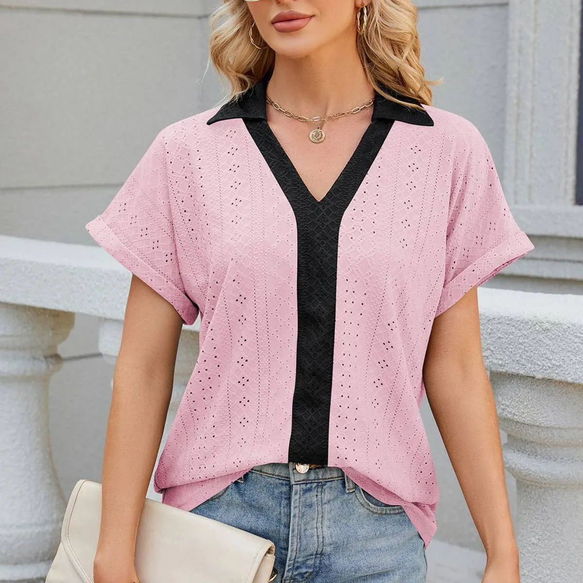 COLLARED SHORT SLEEVE CASUAL T-SHIRT BLOUSE_CWTBLS0515