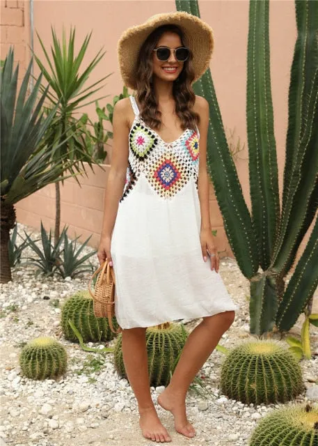 Crochet Beach Cover-ups Summer Tunic Cover Up Long Knitted Beachwear Swimsuit Ups for Women Vestido Playa Mujer White Dress