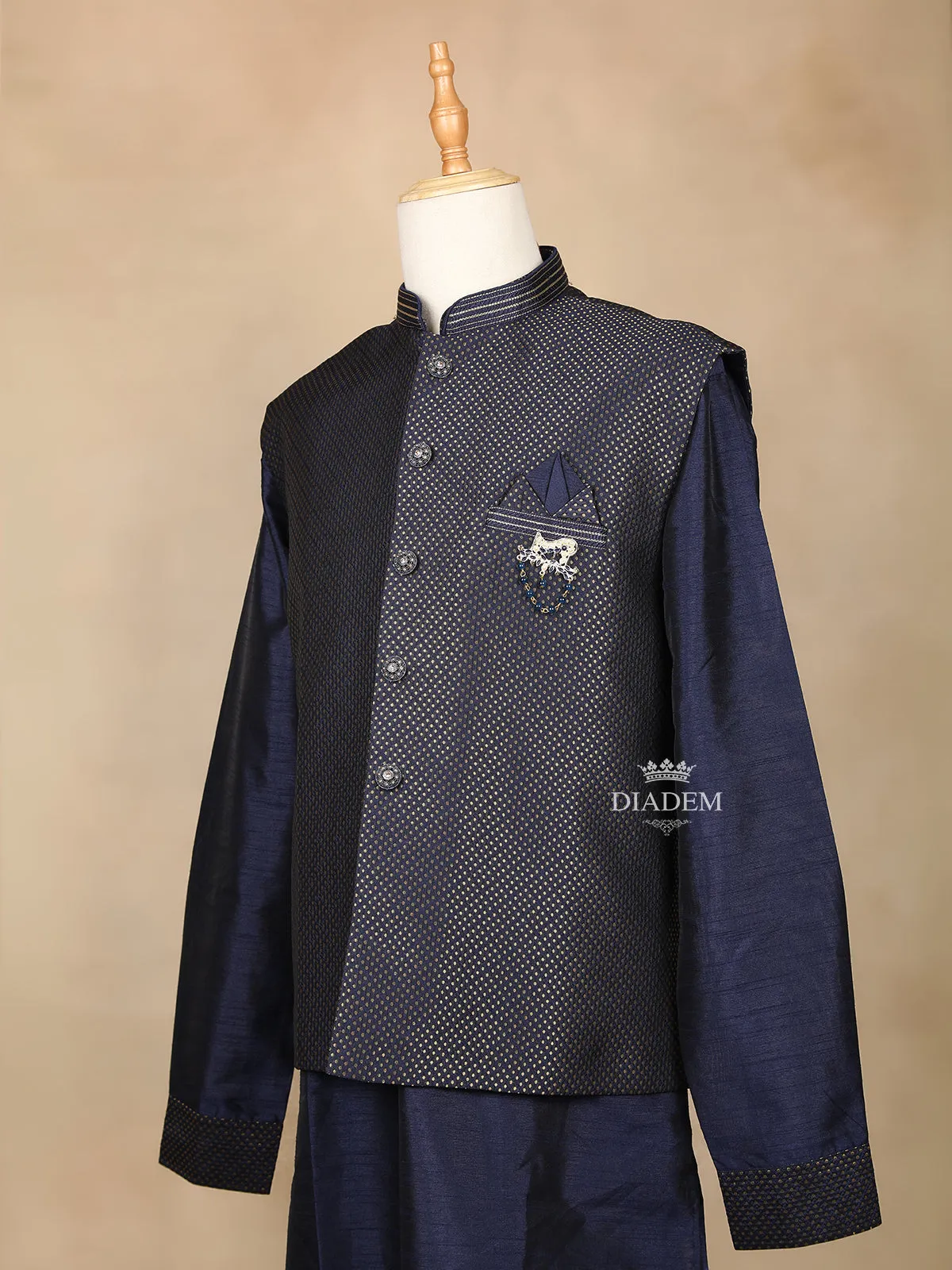 Dark Blue Raw Silk Indo-Western Sherwani Suit, with Brooch and Pant