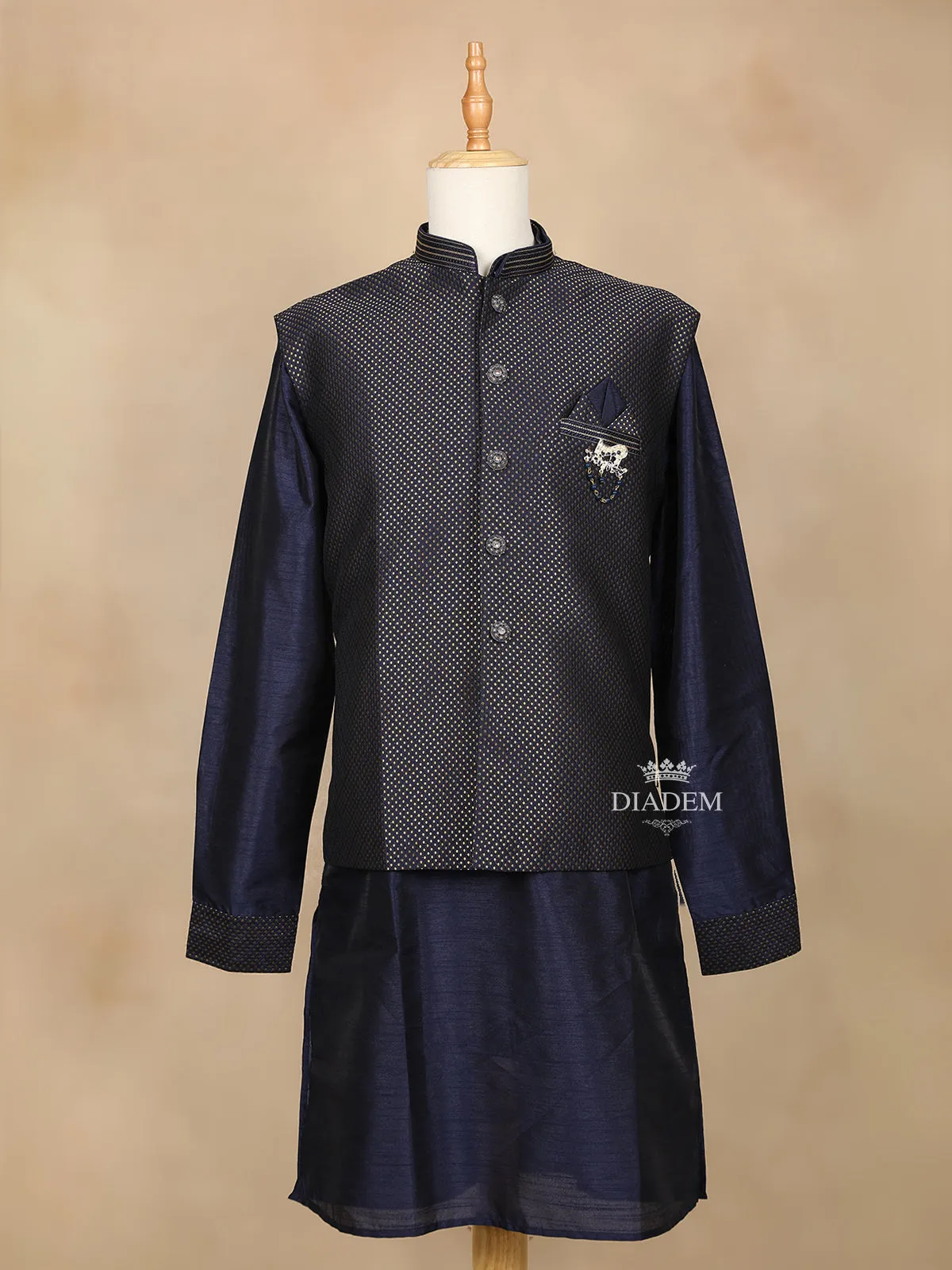 Dark Blue Raw Silk Indo-Western Sherwani Suit, with Brooch and Pant