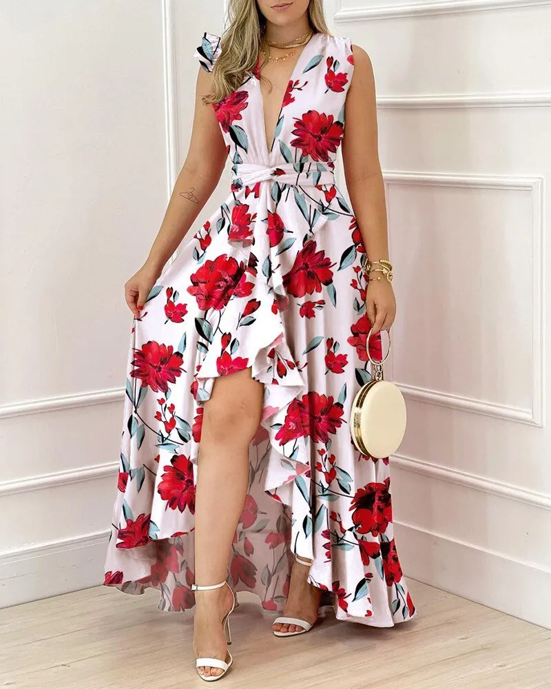 deanwangkt  Casual Summer Women Dress Red Print V-Neck Sleeveless Ruffle Elegant Beach Party Lady Irregular Slit Floor-Length Dresses