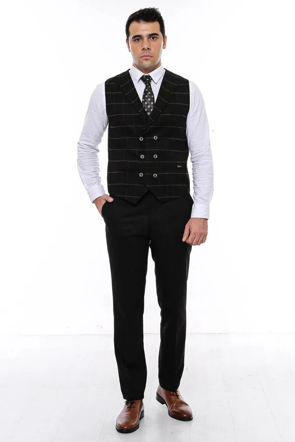 Double Breasted Plaid Black Men Vest - Wessi