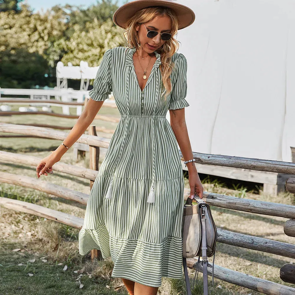 DressBetty - 2024 Elegant Striped V-Neck Lantern Sleeve Boho Dress