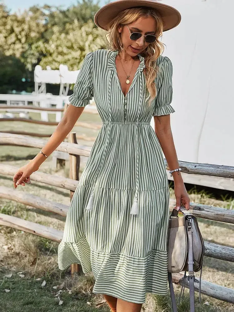 DressBetty - 2024 Elegant Striped V-Neck Lantern Sleeve Boho Dress