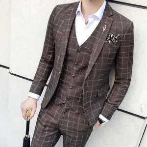 Elegant Brown Plaid Three Piece Suit