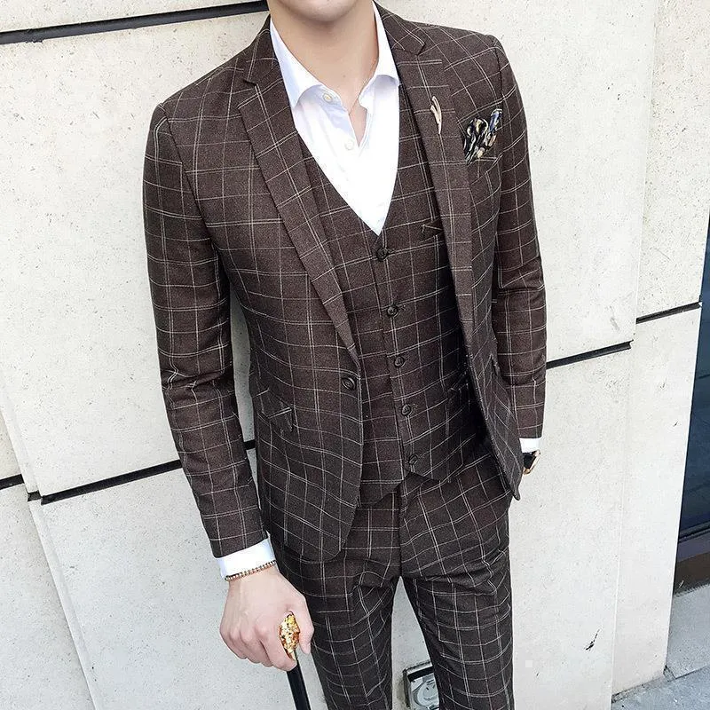 Elegant Brown Plaid Three Piece Suit