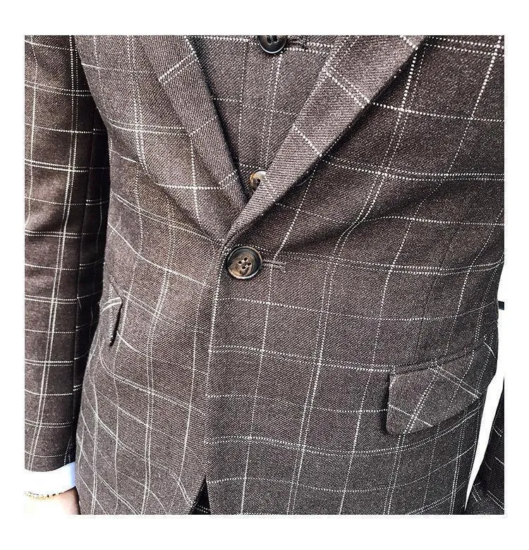 Elegant Brown Plaid Three Piece Suit