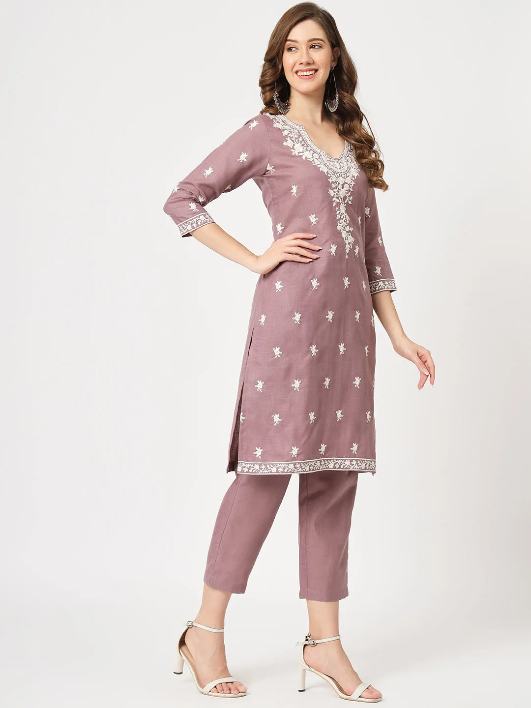 Embroidered Kurta With Matching Pants And Lace Detailed Dupatta Set