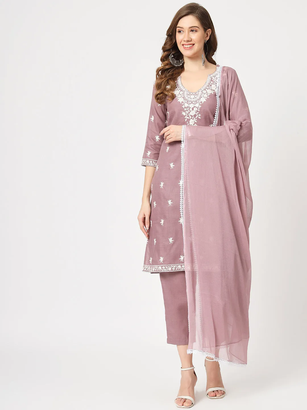 Embroidered Kurta With Matching Pants And Lace Detailed Dupatta Set