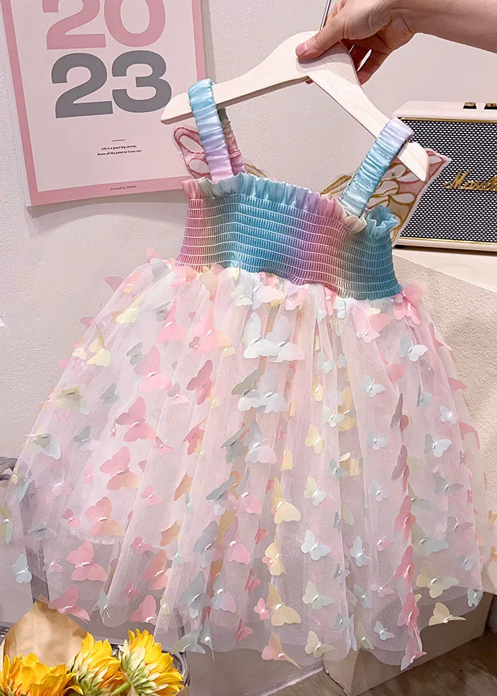 Fashion Rainbow Butterfly Nail Bead Tulle Girls Girls Dresses Summer