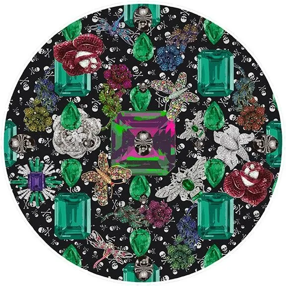 Gem Emeralds Skull Black 16" Round Pebble Placemat Set of 4