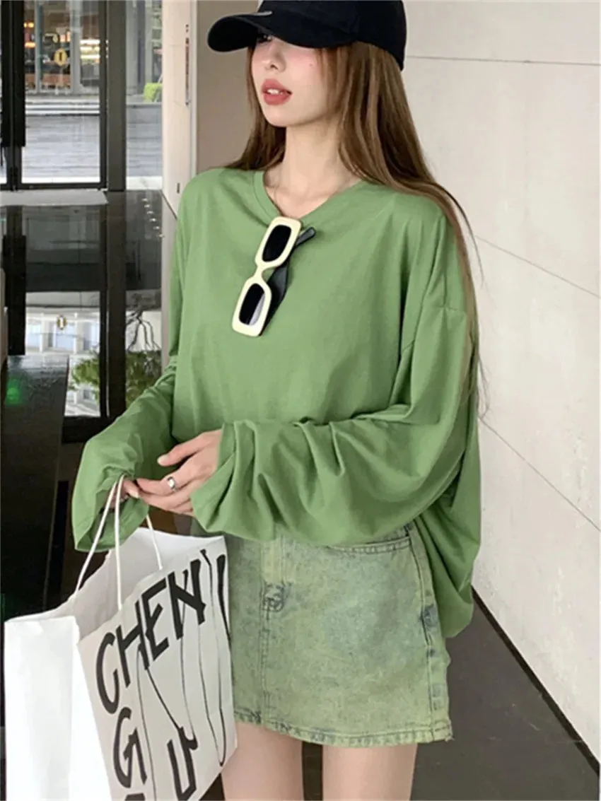 Girlary Green T-Shirts Autumn Oversize Solid Loose Women Chic Casual Full Sleeve Fashion 2023 Office Lady High Street Tees