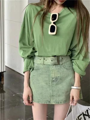 Girlary Green T-Shirts Autumn Oversize Solid Loose Women Chic Casual Full Sleeve Fashion 2023 Office Lady High Street Tees