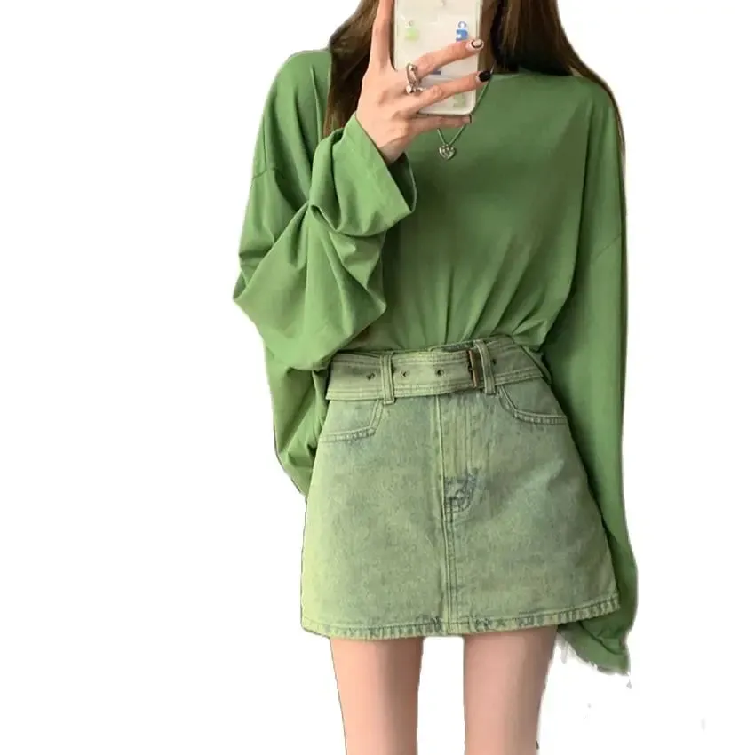 Girlary Green T-Shirts Autumn Oversize Solid Loose Women Chic Casual Full Sleeve Fashion 2023 Office Lady High Street Tees