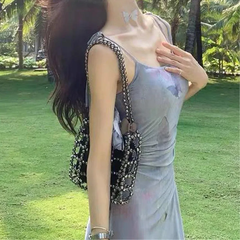 Girlary Grey Dress Women New Summer Sexy Sling Backless Fashion O-Neck Butterfly Print Long Dress Sleeveless Elegant Slim Lady Dresses