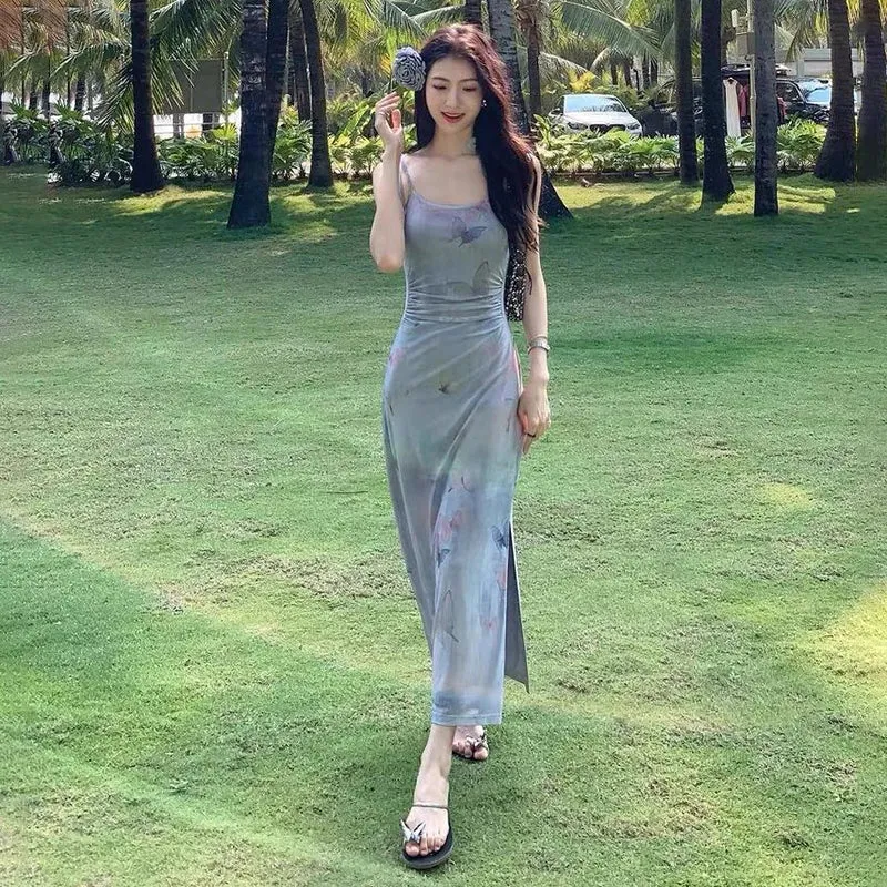 Girlary Grey Dress Women New Summer Sexy Sling Backless Fashion O-Neck Butterfly Print Long Dress Sleeveless Elegant Slim Lady Dresses