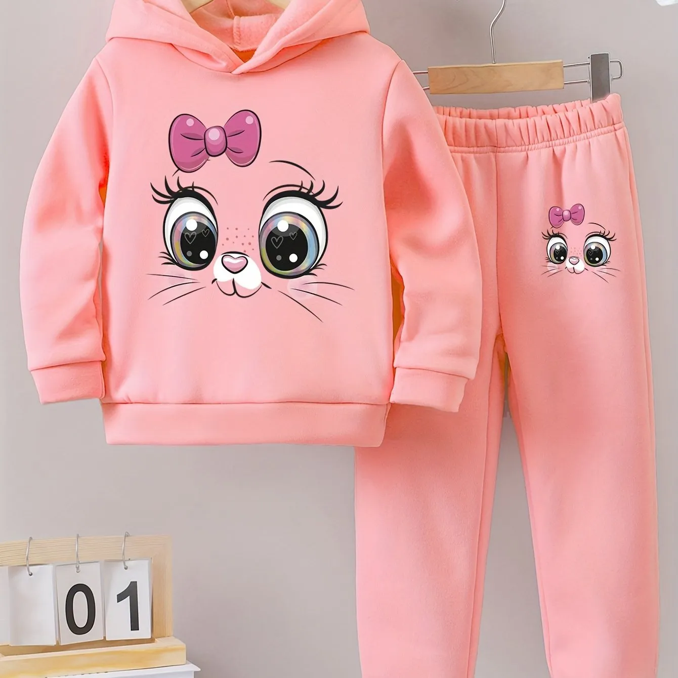 Girls 2-Piece Cartoon Cat Pattern Hooded Sweatshirt and Sweatpants Set 🐱👧