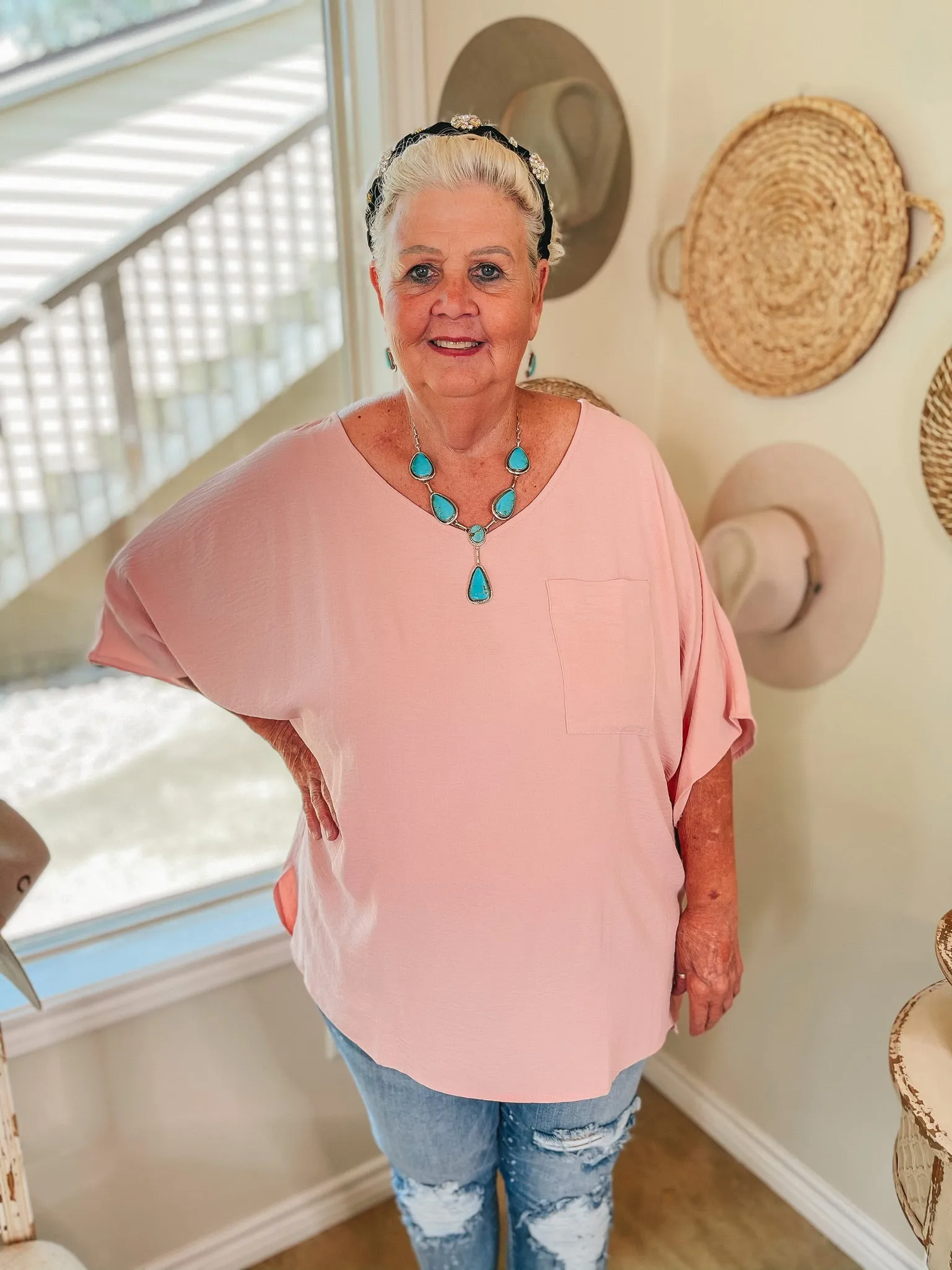 Last Chance Size 2XL | On Record V Neck Short Sleeve Shift Top with Front Pocket in Baby Pink