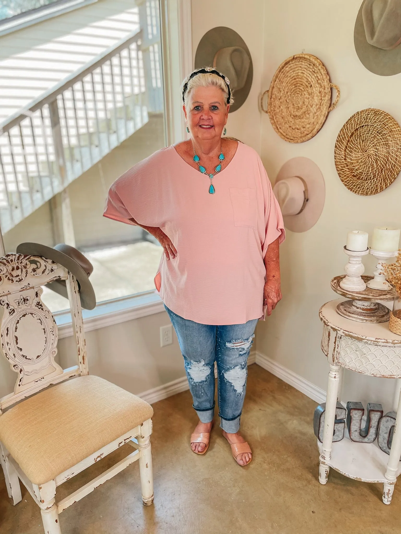 Last Chance Size 2XL | On Record V Neck Short Sleeve Shift Top with Front Pocket in Baby Pink