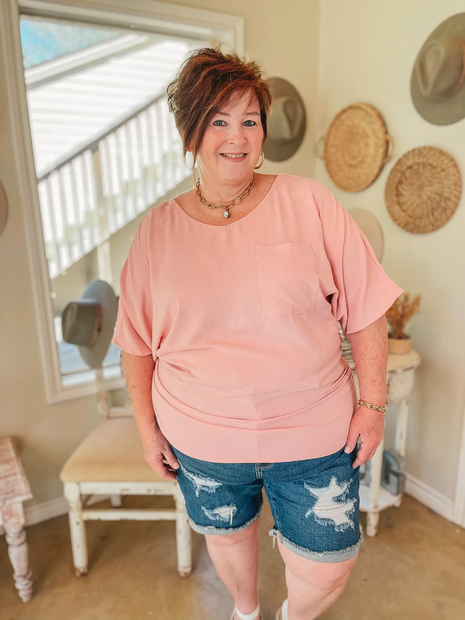 Last Chance Size 2XL | On Record V Neck Short Sleeve Shift Top with Front Pocket in Baby Pink