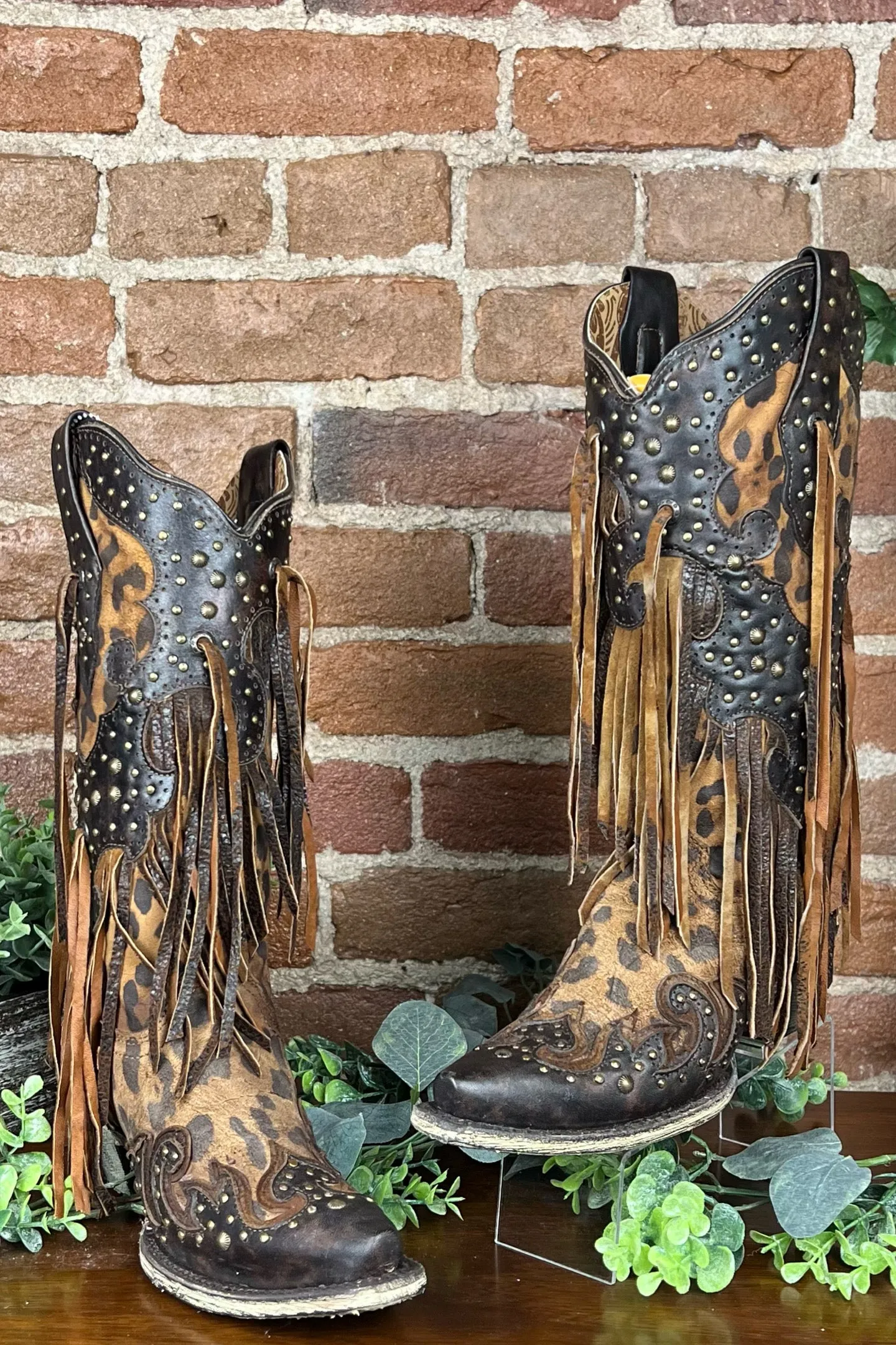 Leopard and Fringe Snip Toe Boot by Corral Boots