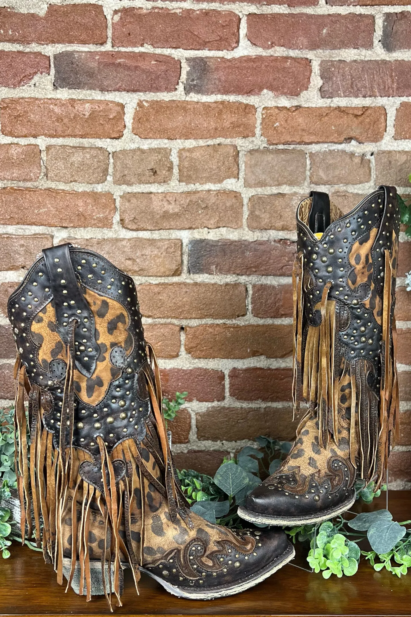 Leopard and Fringe Snip Toe Boot by Corral Boots