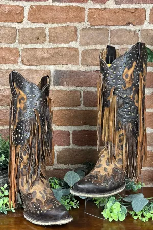 Leopard and Fringe Snip Toe Boot by Corral Boots