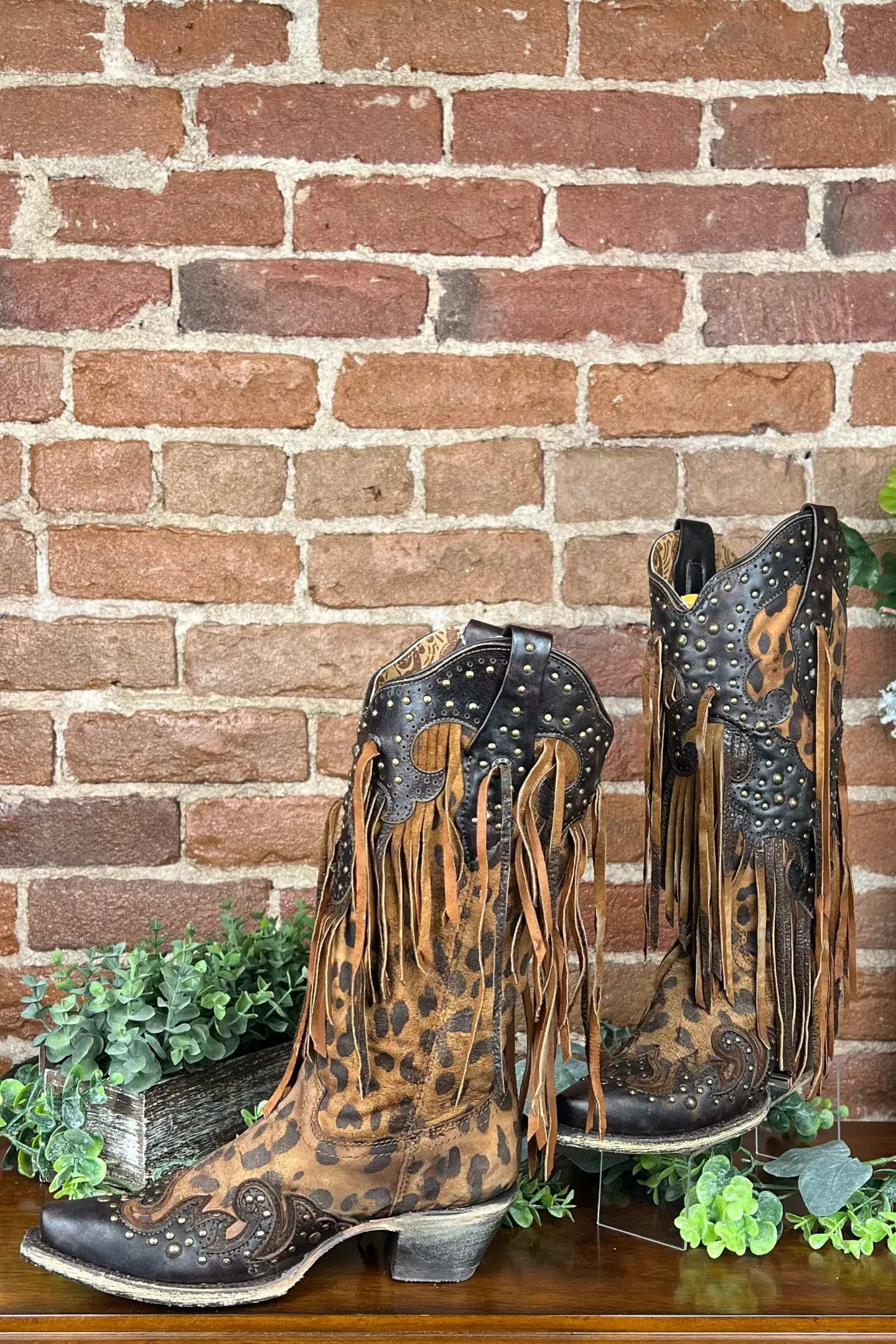 Leopard and Fringe Snip Toe Boot by Corral Boots