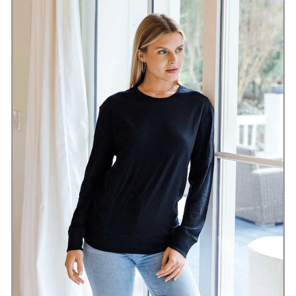 Long Sleeve Banded Tee in Black Slub