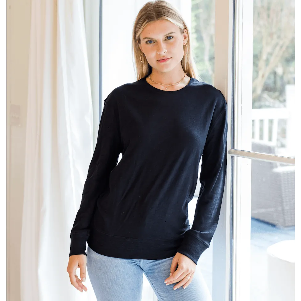 Long Sleeve Banded Tee in Black Slub