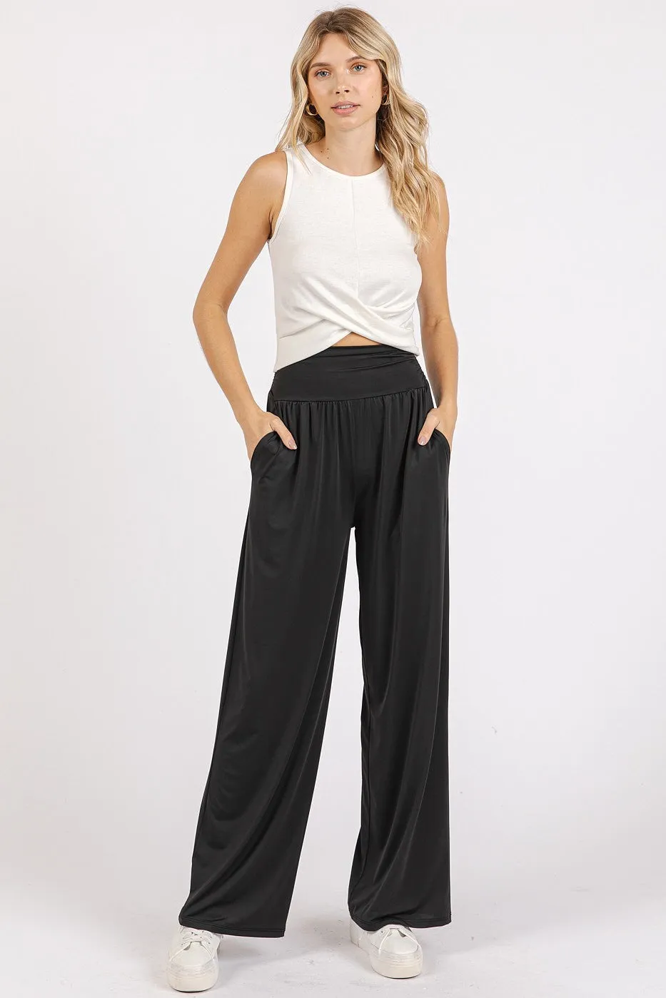 Mittoshop Stretch Banded Waist Wide Leg Pants with Pockets