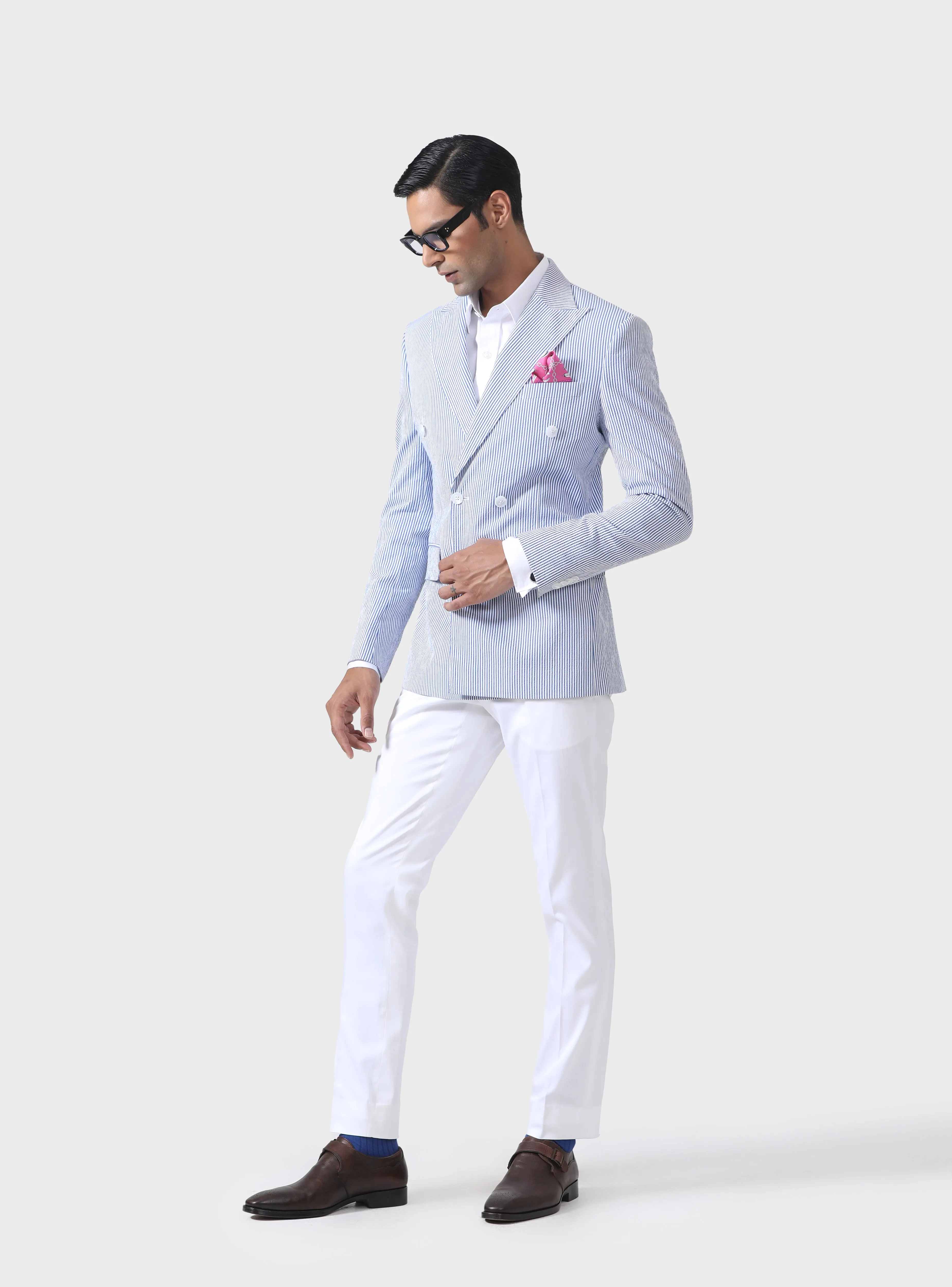 REGAL STRIPES BESPOKE WHITE AND BLUE DOUBLE BREASTED TUXEDO JACKET