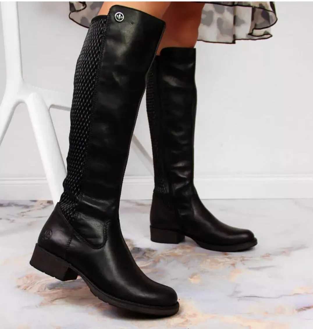 Rieker Z9591-00 Black Leather Knee High Long Boots