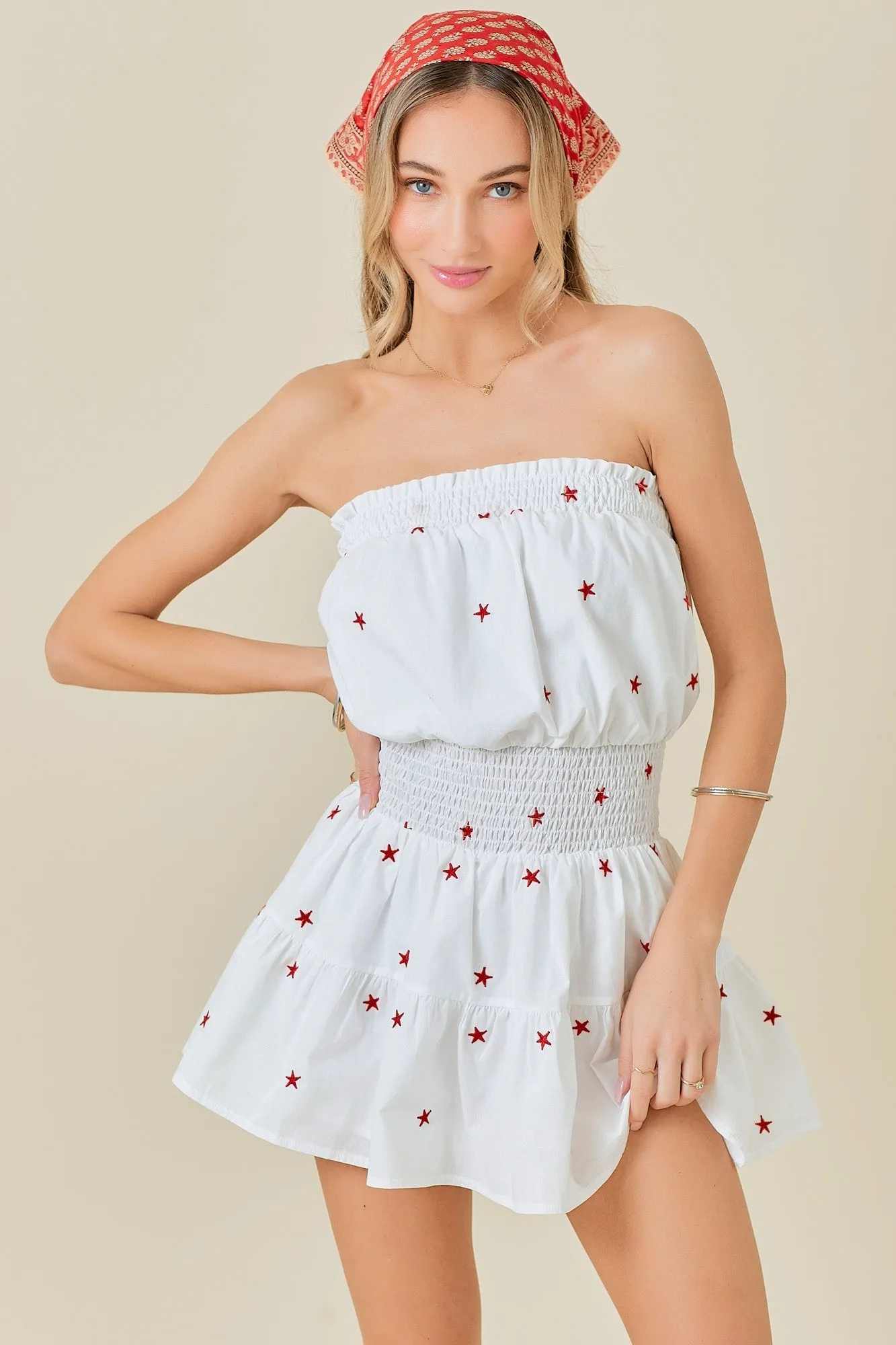 Seeing Stars Embroidered Strapless Romper