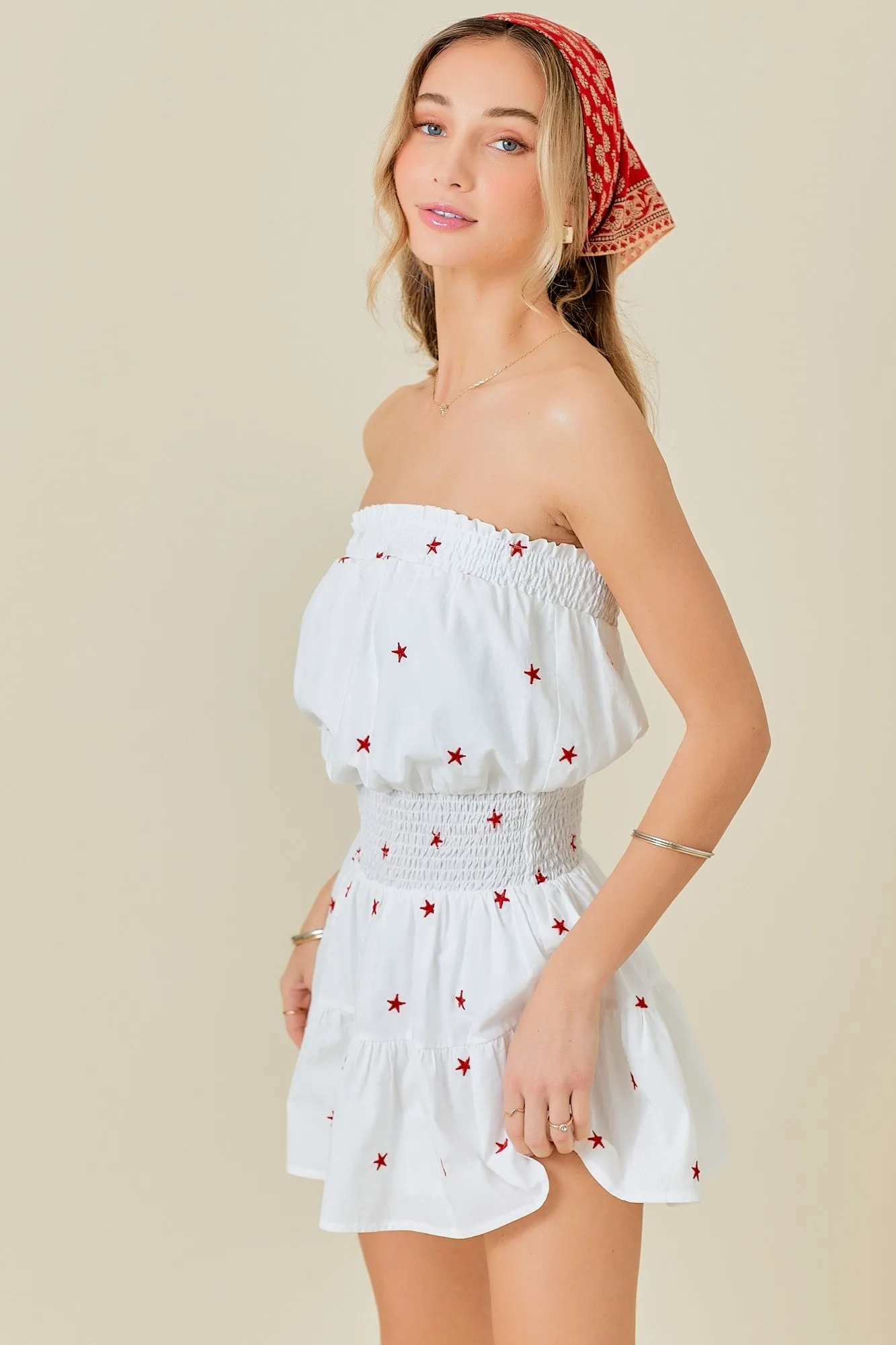 Seeing Stars Embroidered Strapless Romper