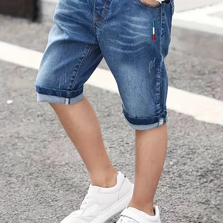 Stylish Boys' Washed Denim Mid-Length Shorts - Perfect for Summer Fun"